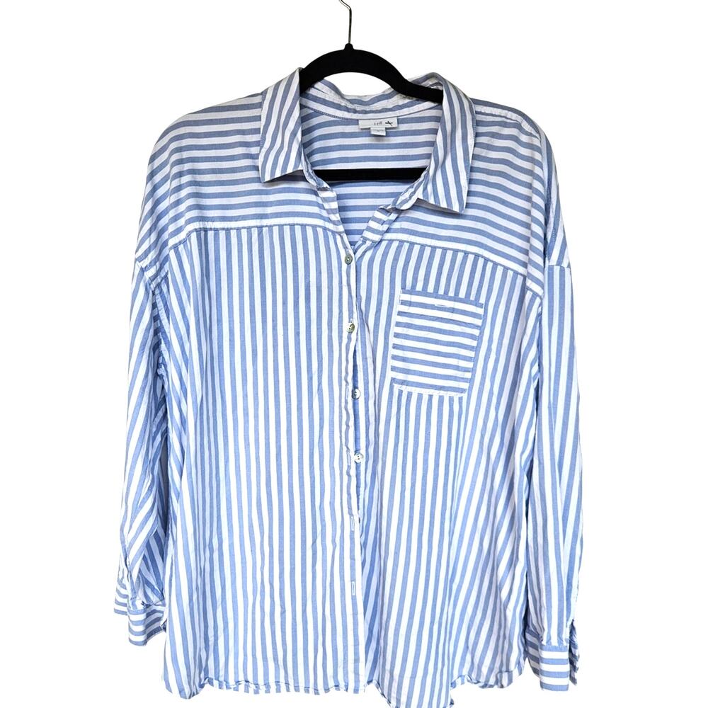 J. Jill 100% Lyocell/Tencel Light Blue and White Striped Blouse Button-Down